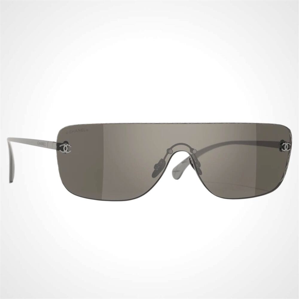 New CHANEL Sunglasses Ruthenium Metal Rimless Shield Mask Brown Lens CC Logo - Picture 1 of 5